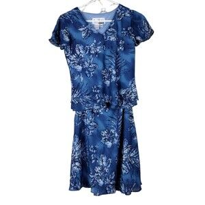 VTG 2pc Sheri Matin New York Petites 4P Floral Dress Blue Overlay Sheer Padded
